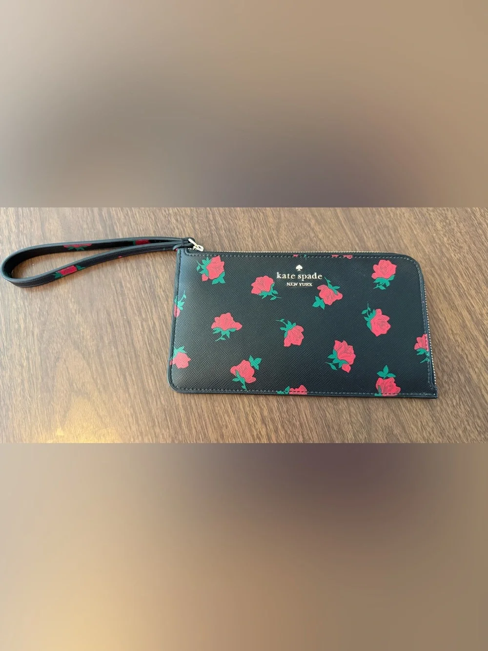 kate spade Black Rose Print Zip Wristlet